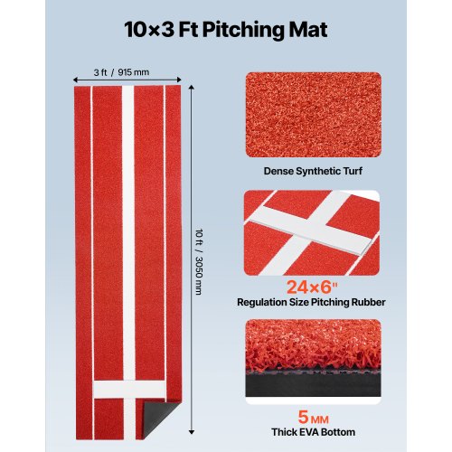 Softball Pitching Mat 10x3 ft Baseball Pitching Rubber Mound Antifade Turf
