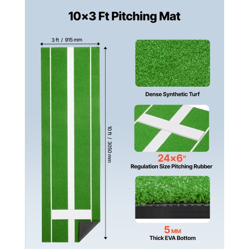 Softball Pitching Mat 10x3 ft Baseball Pitching Rubber Mound Antifade Turf