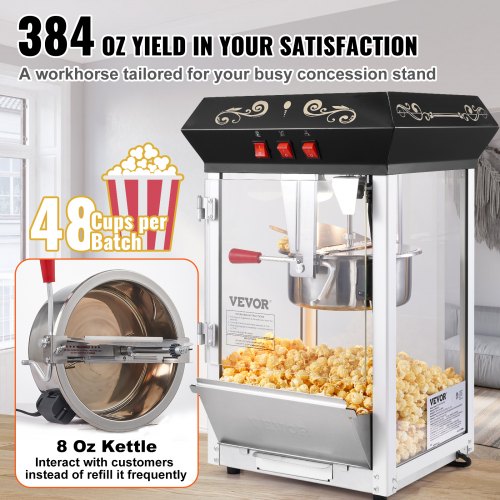Popcorn Maker 850W Popcorn Popper Machine 8 Oz Kettle Makes 48 Cups per Batch