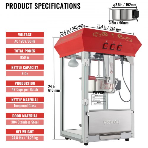Popcorn Popper Machine 8 Oz Countertop Popcorn Maker 850W 48 Cups Red