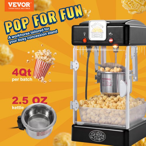Popcorn Maker 300W Popcorn Popper Machine 25 Oz Kettle Makes 4 QT per Batch