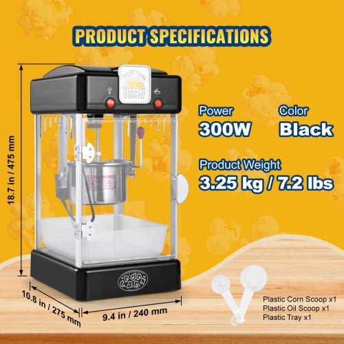 Popcorn Maker 300W Popcorn Popper Machine 25 Oz Kettle Makes 4 QT per Batch