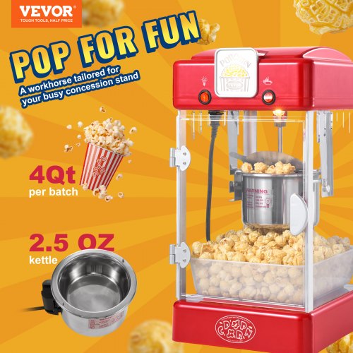 Popcorn Maker 300W Popcorn Popper Machine 25 Oz Kettle Makes 4 QT per Batch