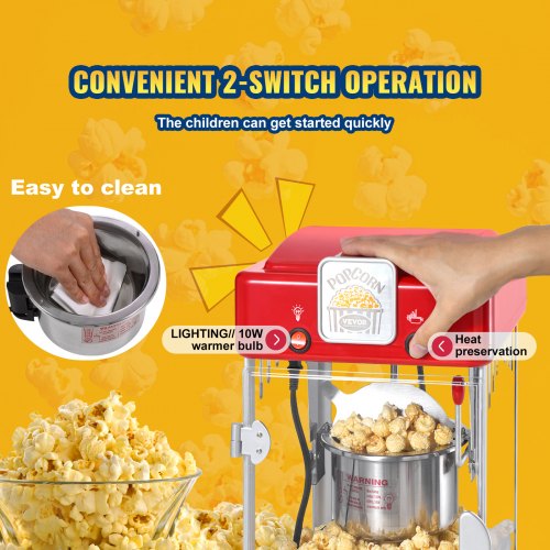 Popcorn Maker 300W Popcorn Popper Machine 25 Oz Kettle Makes 4 QT per Batch