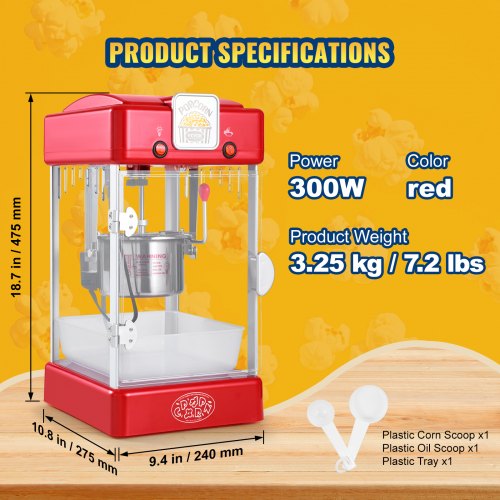 Popcorn Maker 300W Popcorn Popper Machine 25 Oz Kettle Makes 4 QT per Batch