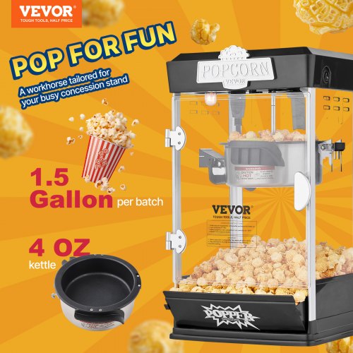 Popcorn Maker 480W Popcorn Popper Machine 4 Oz Kettle Makes 1.5 Gallon per Batch