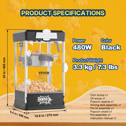 Popcorn Maker 480W Popcorn Popper Machine 4 Oz Kettle Makes 1.5 Gallon per Batch