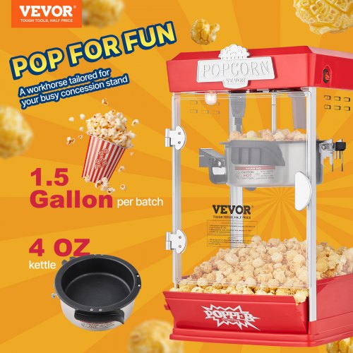 Popcorn Maker 480W Popcorn Popper Machine 4 Oz Kettle Makes 1.5 Gallon per Batch