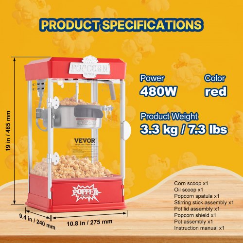 Popcorn Maker 480W Popcorn Popper Machine 4 Oz Kettle Makes 1.5 Gallon per Batch