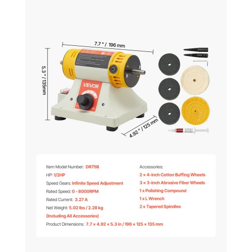 Bench Buffer Polisher 12HP Polishing and Buffing Machine to 8000RPM
