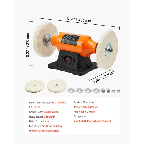 12HP Bench Buffer Polisher 6inch Bench Polishing Buffing Machine 3450RPM