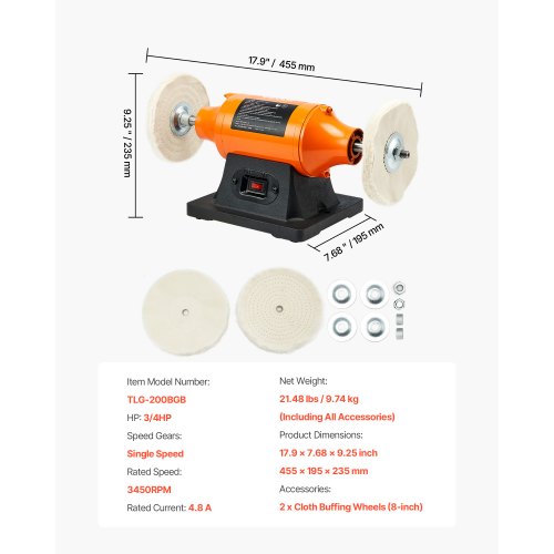 34HP Bench Buffer Polisher 8inch Bench Polishing Buffing Machine 3450RPM