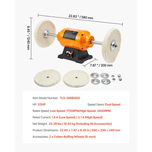 12HP Bench Buffer Polisher 8inch Bench Polishing Buffing Machine