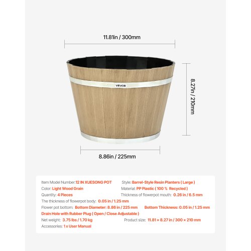 Plant Pots 4 Pack 1181 inch Whiskey Barrel Planters with Drainage Holes