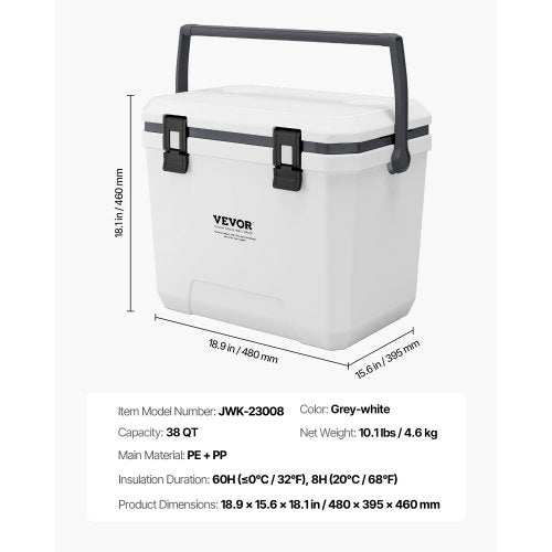 Portable Cooler 38 QT Hard Cooler with Ice Retention HeavyDuty Handles