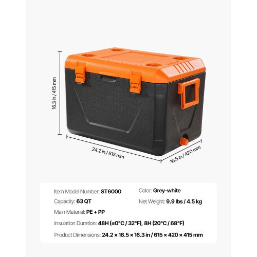 Portable Cooler 63 QT Hard Cooler with Ice Retention HeavyDuty Handles