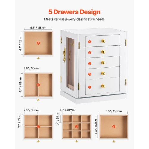 Jewelry Box 360° Rotating Jewelry Organizer with 5 Drawers Acrylic Window