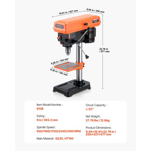 8 in Benchtop Drill Press 25A Induction Motor Tabletop Drilling Machine