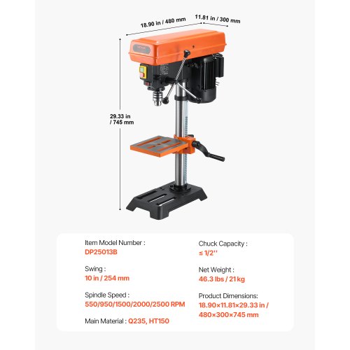 10 in Benchtop Drill Press 62A Induction Motor Tabletop Drilling Machine