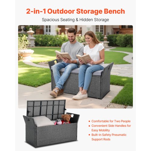 Outdoor Storage Bench 2Person PE Rattan Storage Bench 40 Gal Deck Box