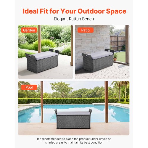 Outdoor Storage Bench 2Person PE Rattan Storage Bench 40 Gal Deck Box