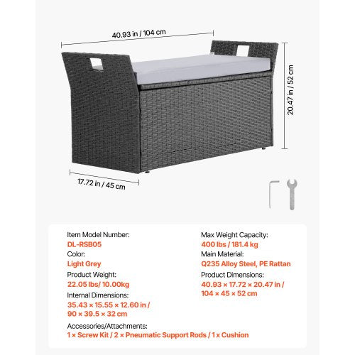 Outdoor Storage Bench 2Person PE Rattan Storage Bench 40 Gal Deck Box
