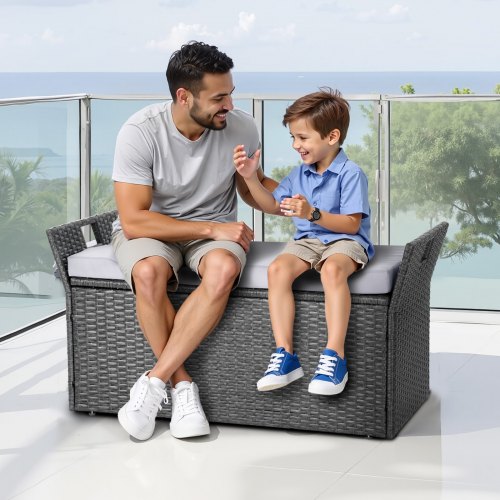 Outdoor Storage Bench 2Person PE Rattan Storage Bench 40 Gal Deck Box