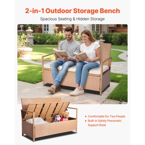 Outdoor Storage Bench 2Person PE Rattan Storage Bench 70 Gal Deck Box