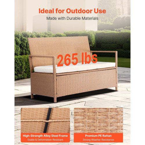 Outdoor Storage Bench 2Person PE Rattan Storage Bench 70 Gal Deck Box