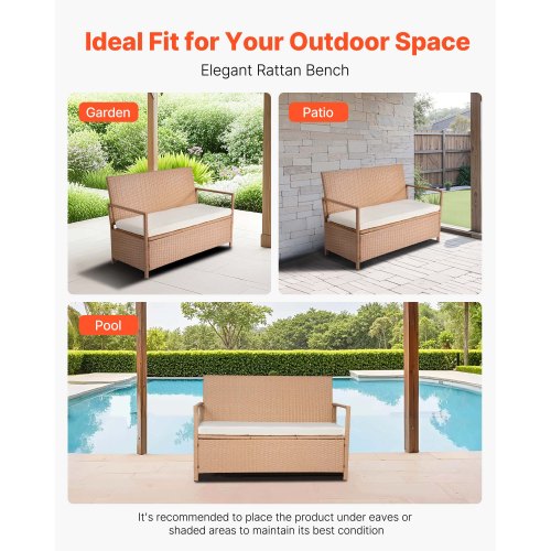 Outdoor Storage Bench 2Person PE Rattan Storage Bench 70 Gal Deck Box
