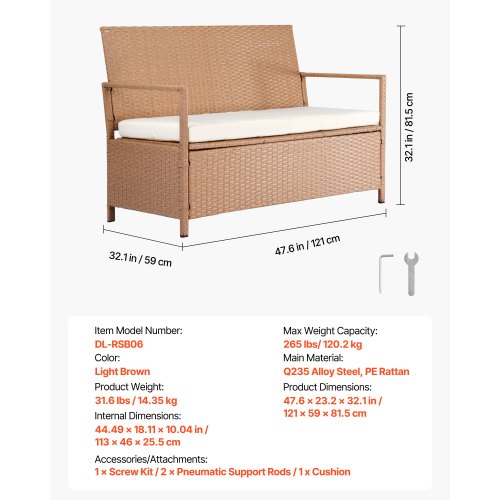 Outdoor Storage Bench 2Person PE Rattan Storage Bench 70 Gal Deck Box