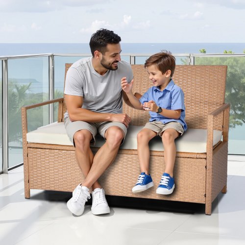 Outdoor Storage Bench 2Person PE Rattan Storage Bench 70 Gal Deck Box