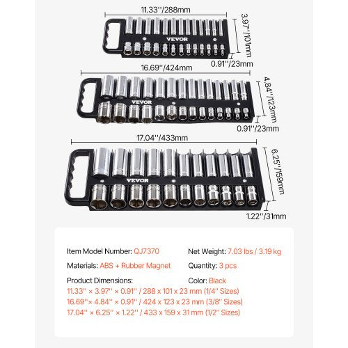Portable Socket Organizer Tray 3Piece Metric SAE Socket Organizer Set