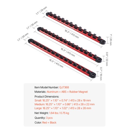 Socket Organizer Rail Set 3PCS Metric SAE Aluminum Socket Organizers