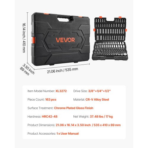 Socket Set 163 Pieces 38 14 12 Inch Drive Tool Sae And Metric Deep Standard
