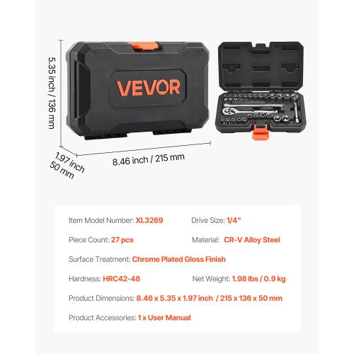 Socket Set 27 Pieces 14 inch Drive Socket and Ratchet Set SAE and Ratchet Set