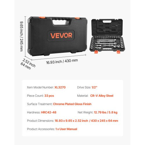 Socket Set 33 Pieces 12 inch Drive Socket and Ratchet Set SAE and Ratchet Set