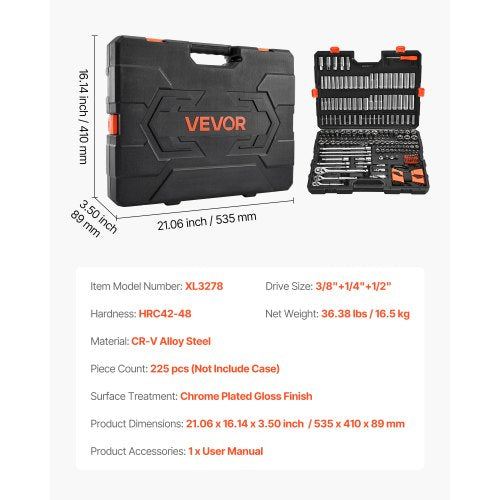 Socket Set 225 Pieces 38 14 12 inch Drive Socket and Ratchet Set
