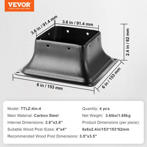 4x4 Post Base 4Pcs Internal 36x36 Heavy Duty PowderCoated Steel Post
