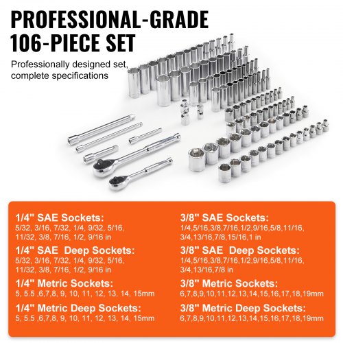 Socket Set 14 and 38 Drive Socket and Ratchet Set 6Point Socket