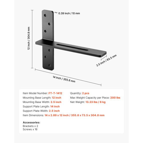 T Shelf Brackets 2 Pcs 200 lbs90 kg Weight Capacity 14x289x12 in 3556x735x3048