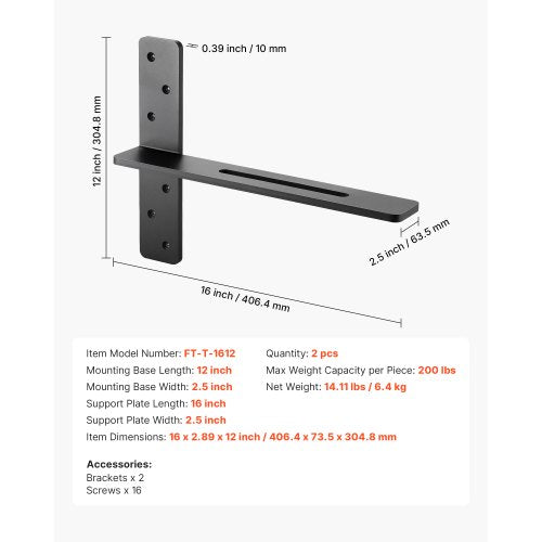T Shelf Brackets 2 Pcs 200 lbs90 kg Weight Capacity 16x289x12 in 4064x735x3048