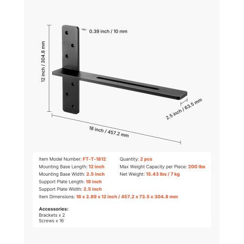 T Shelf Brackets 2 Pcs 200 lbs90 kg Weight Capacity 18x289x12 in 4572x735x3048