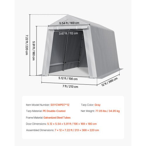 Outdoor Storage Shed 7 x 12 ft Portable Storage Tent with Rollup Door