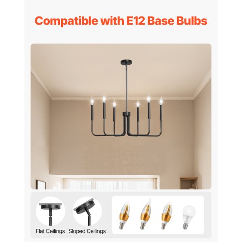 6Light Chandelier Black Farmhouse Chandelier Adjustable Height Dining