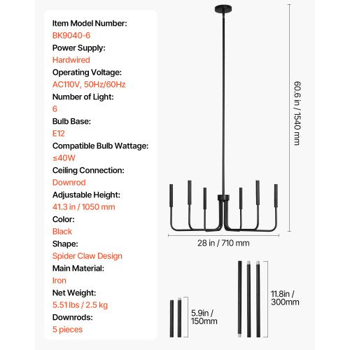 6Light Chandelier Black Farmhouse Chandelier Adjustable Height Dining