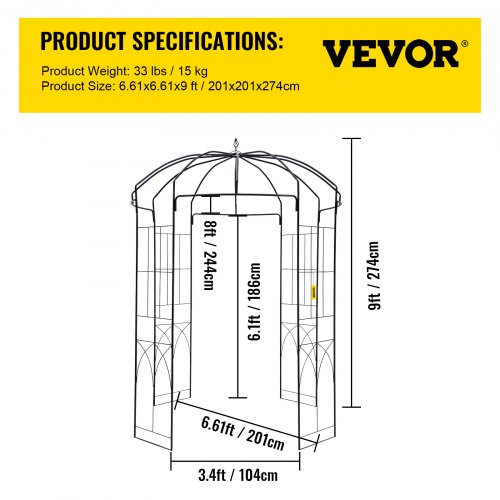 Birdcage Shape Garden Arbor 9 High x 66 Wide Heavy Duty Wrought Iron