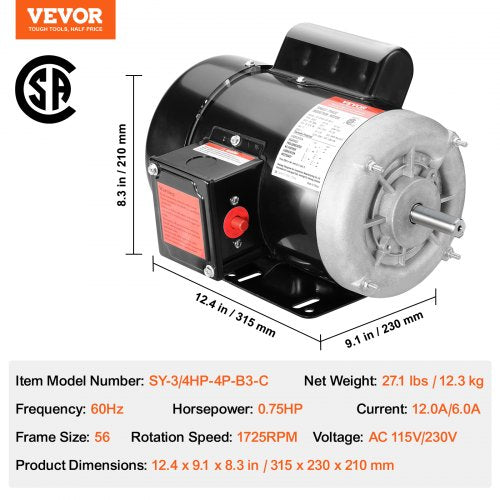 075HP Electric Motor 1725 rpm AC 115V230V 56 Frame Air Compressor Motor