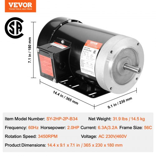 2HP Electric Motor 3450 rpm AC 230V460V 56C Frame Air Compressor Motor