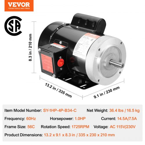 1HP Electric Motor 1725 rpm AC 115V230V 56C Frame Air Compressor Motor